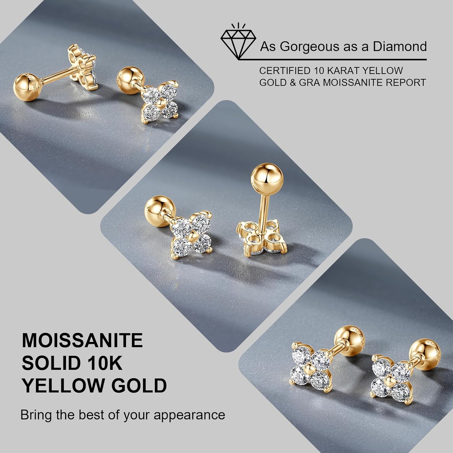 Solid 10K Yellow Gold Ball Stud Earrings, Tiny Moissanite Earrings Real 10K Gold Dainty Screw Ball Back Small Studs Dangle Earring for Womem Men, Cartilage Helix Tragus Piercing Jewelry Gifts, 1 Pair