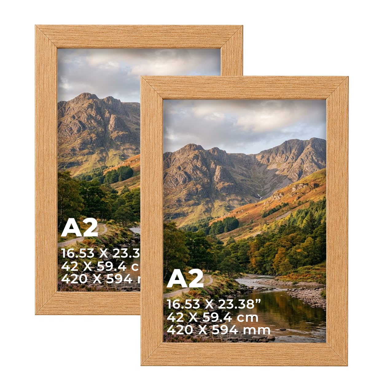 DECORO Oak A2 (42 X 59.40 CM) Pack of 2 Picture Frame with Plexiglass Front & Engineered Wood Construction, Wall Hanging Display for Photos, Posters, Prints & Artwork, Portrait or Landscape
