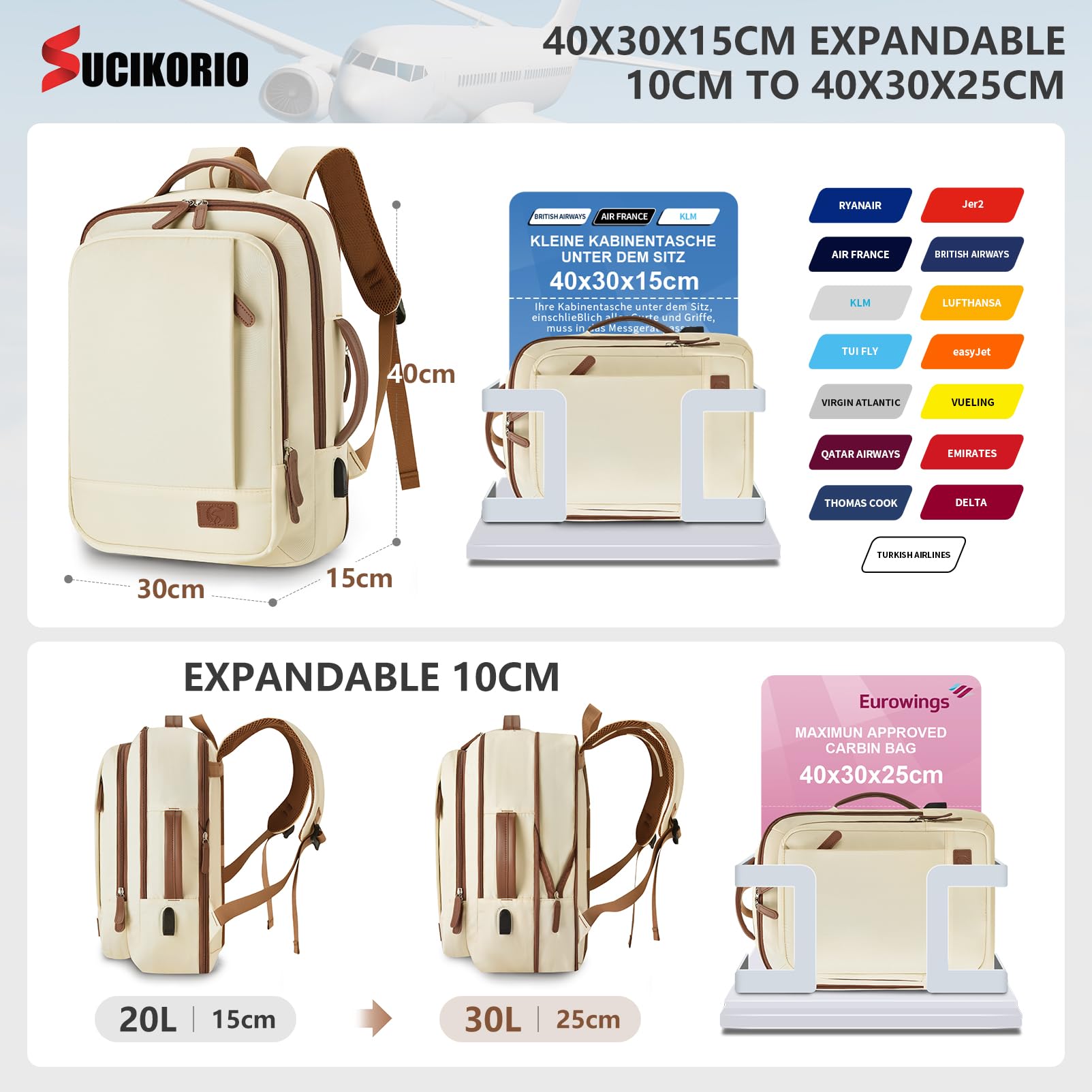 40x30x15cm British Airways Air France Expansible 10cm 40x30x25cm Eurowings Mochila Viaje Cabina Avion, Impermeable Mochilas Equipaje de Mano Mochila Ordenador Portatil 15,6 Pulgadas