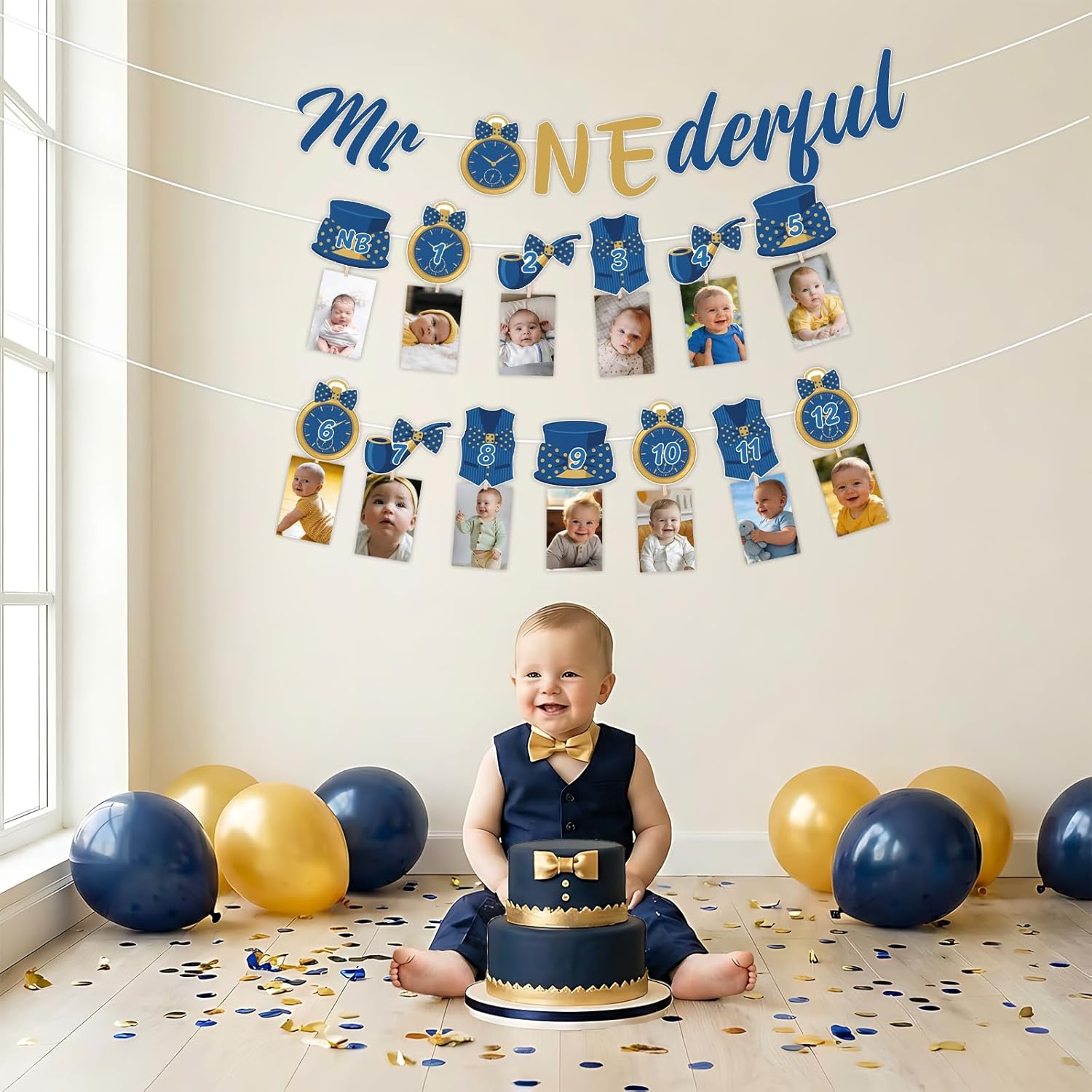Mr Onederful 1st Birthday Banner Little Gentleman Theme Photo Banner Hat Tie Blue Spot Bow Hanging Photo Decor Newborn to 12 Months Picture Display for Boys’ First Birthday Party Supplies