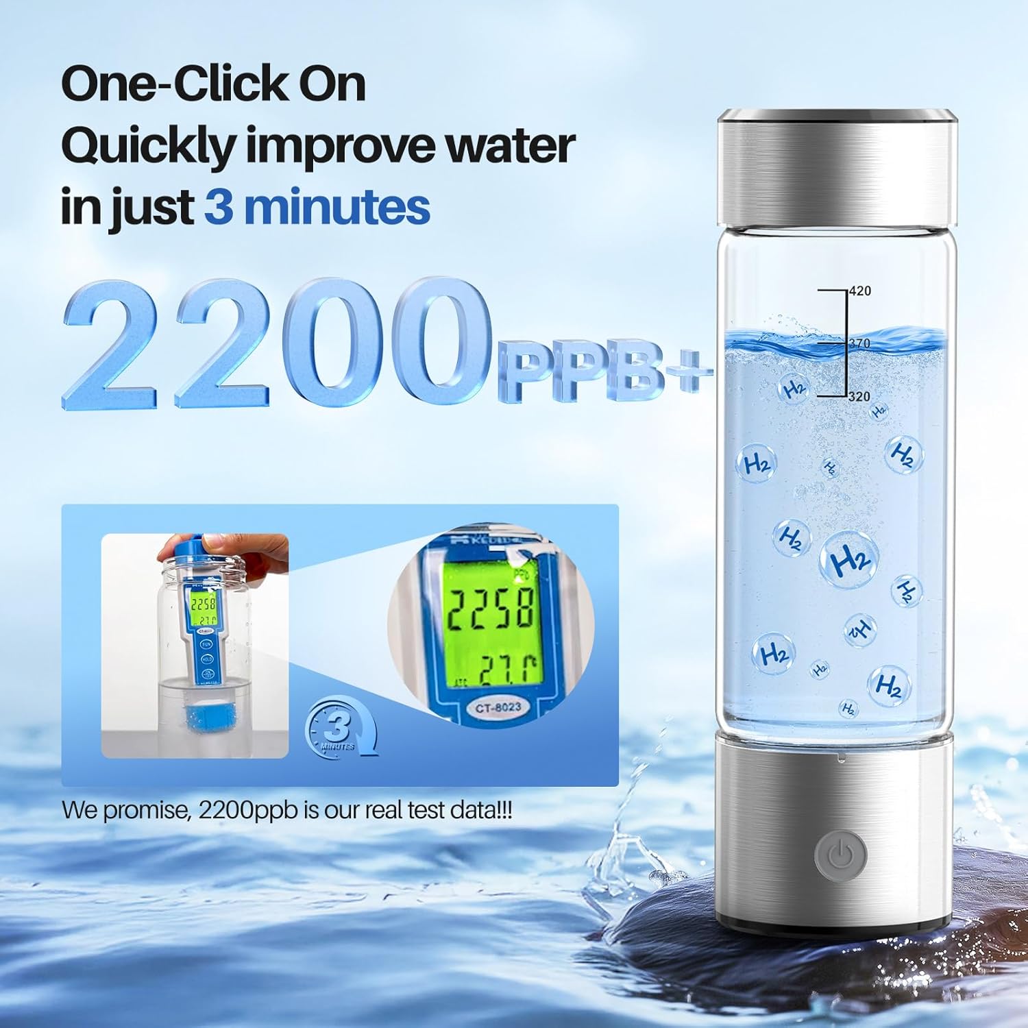 Hydrogen Water Bottle, 3Min 2200PPB Rapid Hydrogen Water Generator -SPE PEM Tech, 14OZ Portable Hydro Water Machine, Health Care Gifts for Husband, Wife, Family, Friends, Travel - Image 2