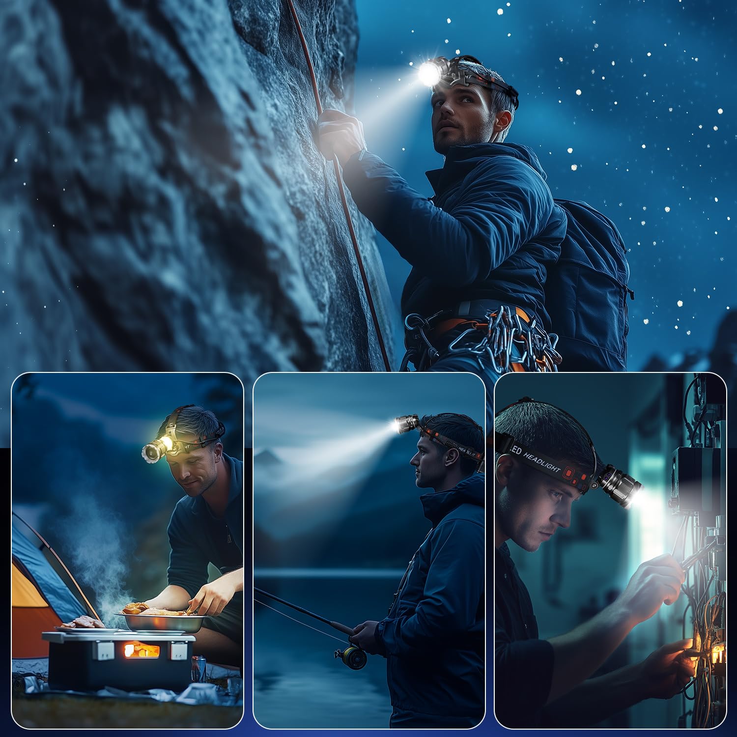Linterna Frontal LED Recargable USB C, Linterna Cabeza LED Alta Potencia 5 Modos con Sensor, Luz de Advertencia, Batería 9000mAh, Luz Frontal Cabeza Potente Impermeable IP65 para Camping