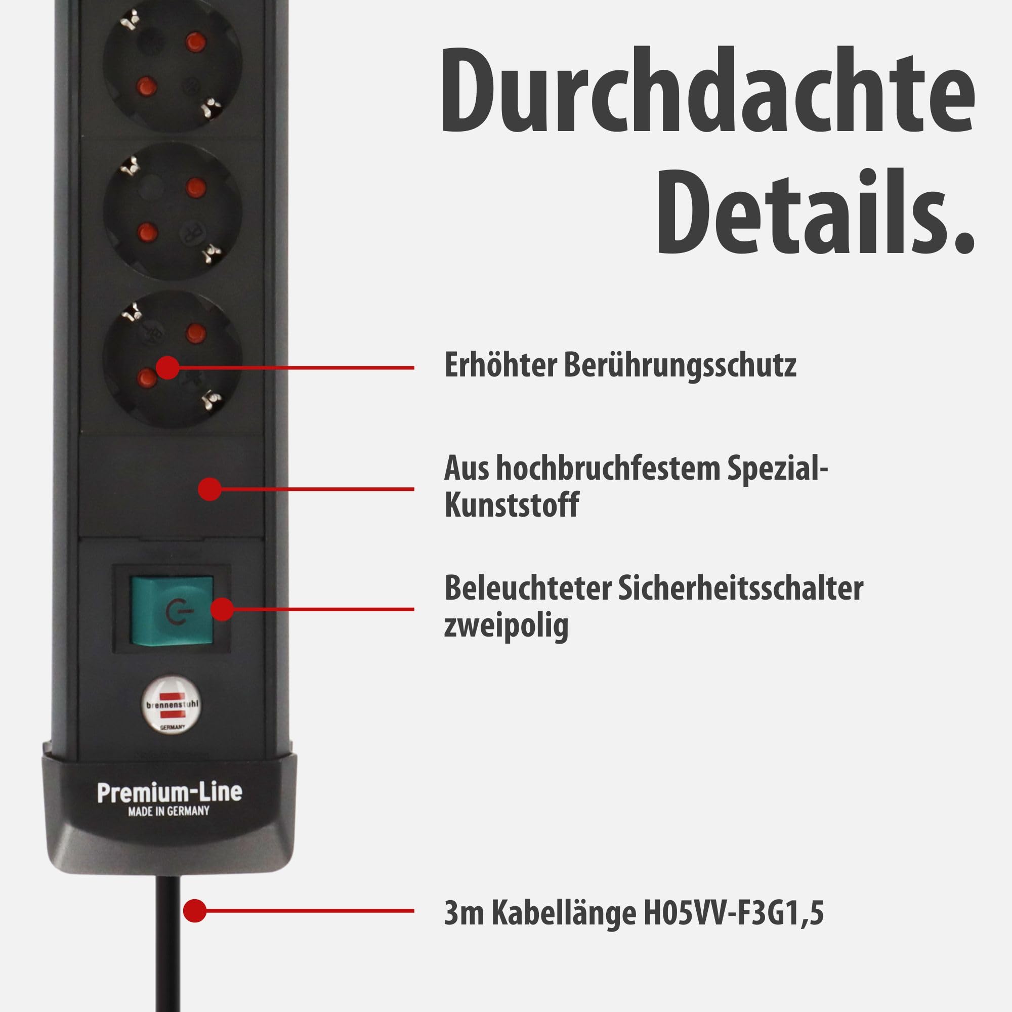 Brennenstuhl Premium-Line Steckdosenleiste 4-Fach mit 2X USB C PD 65W und USB A 18W (Made in Germany, Mehrfachsteckdose mit Schalter und 3m Kabel, Steckerleiste zur Wandmontage) schwarz
