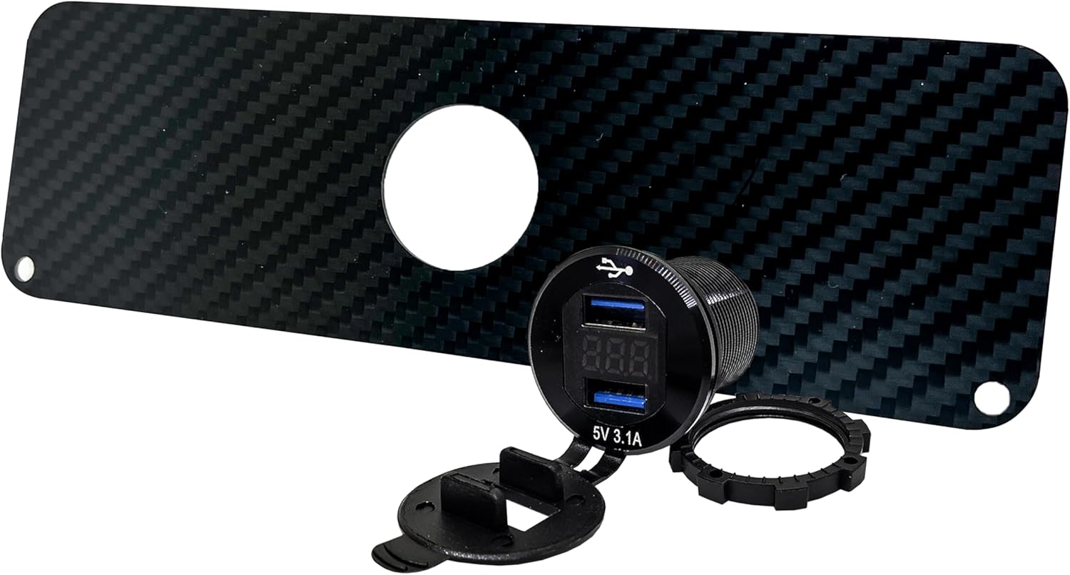 OZ-USA Carbon Fiber Golf Ball Holder Cover Plate with Dual USB Charger and Digital Voltage Meter Compatible with EZGO TXT PDS 36V/48V Electric Golf Carts