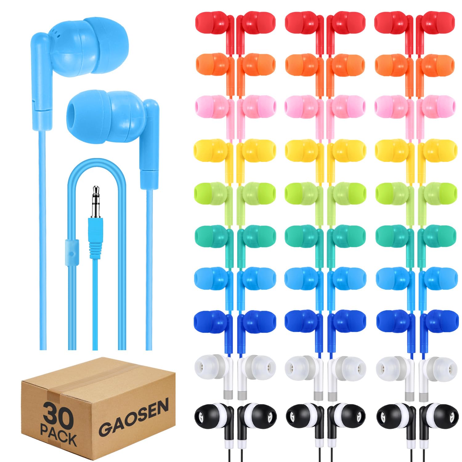 Classroom Earbuds Bulk 30 Pack for Kids School Students Children Toddler Teens Boys Girls,Individually Bagged(30 Mixed)