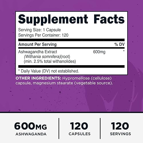 Miniatura 2 de Primal Extracto de raíz de Ashwagandha, 120 cápsulas, 600 mg por porción, sin gluten, sin OMG