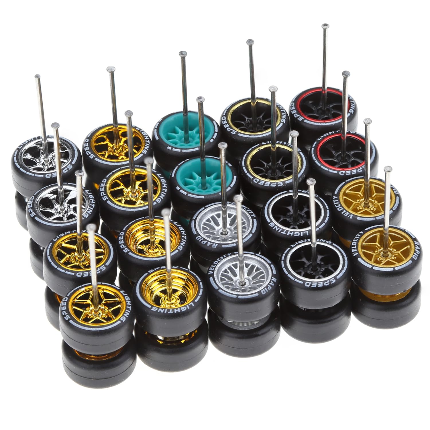 BloxBrix 1/64 Wheels and Axles Sets with Logo, 10 Sets Wheels and Tires Kit Consist of Metal Axles and Rubber Tires with Random Colors Rims, Appliable to 1/64 Diecast Car Model Modification