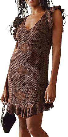 Hotmiss Womens Summer Casual Babydoll Mini Dress Ruffle Sleeveless V Neck Pleated Swing Tunic Dress