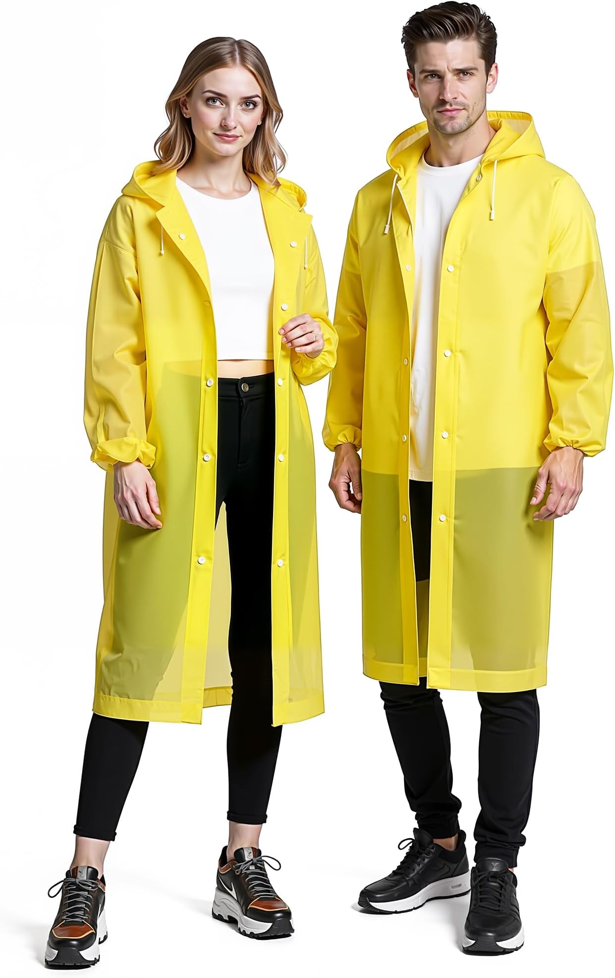 Rain Poncho (2 Pack) - Reusable Transparent Raincoat with Drawstring Hood, Packable Waterproof for Adults