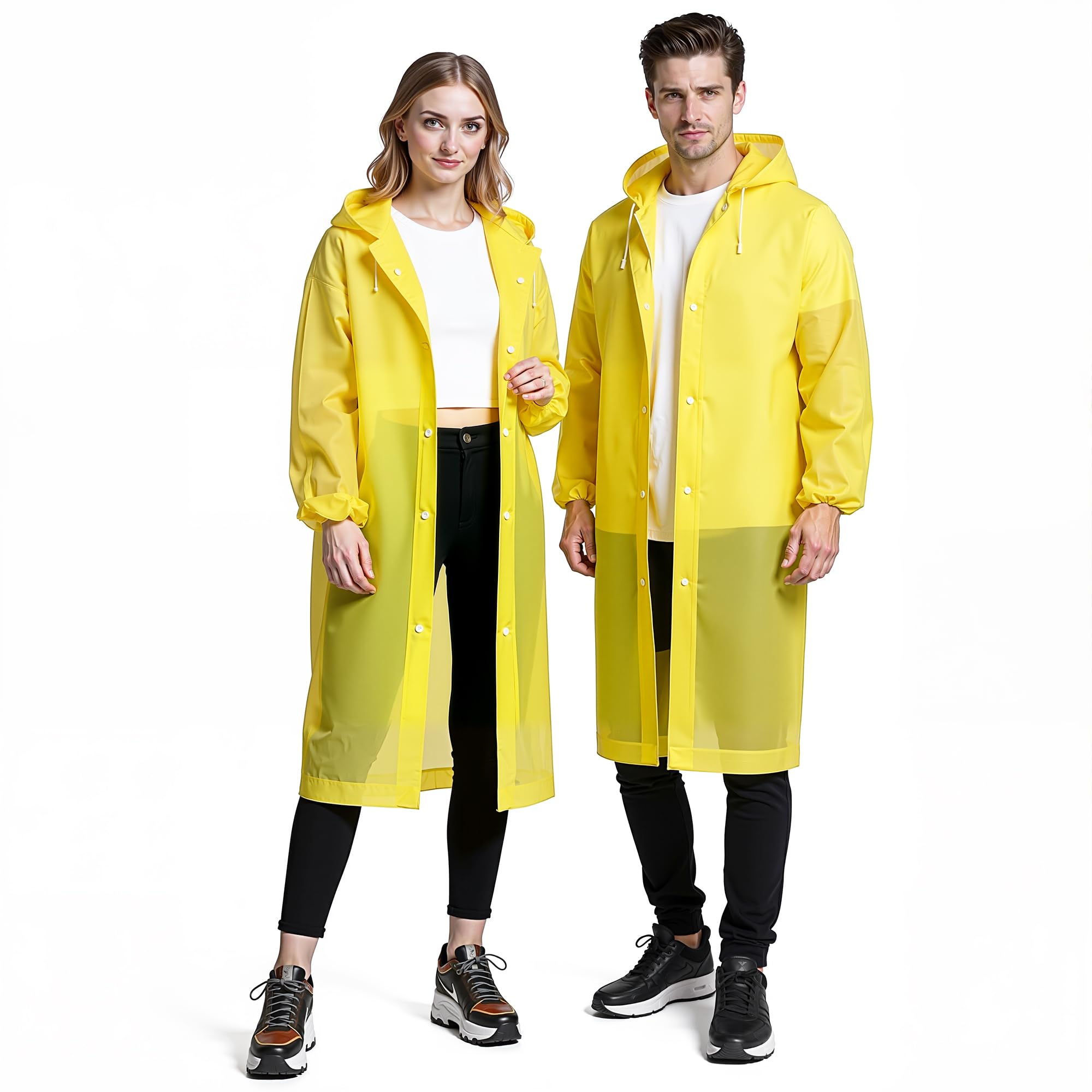 Rain Poncho (2 Pack) - Reusable Transparent Raincoat with Drawstring Hood, Packable Waterproof for Adults