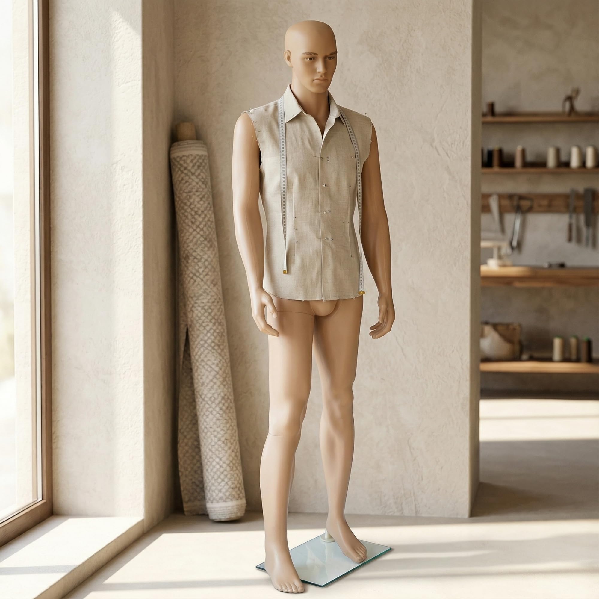 Mucola Schaufensterpuppe Mann 185 cm – Männliche Schneiderpuppe mit beweglichen Gelenken – Realistische Schaufensterfigur Herren-Mannequin mit Glas-Standplatte – Abnehmbarer Kopf & Arme