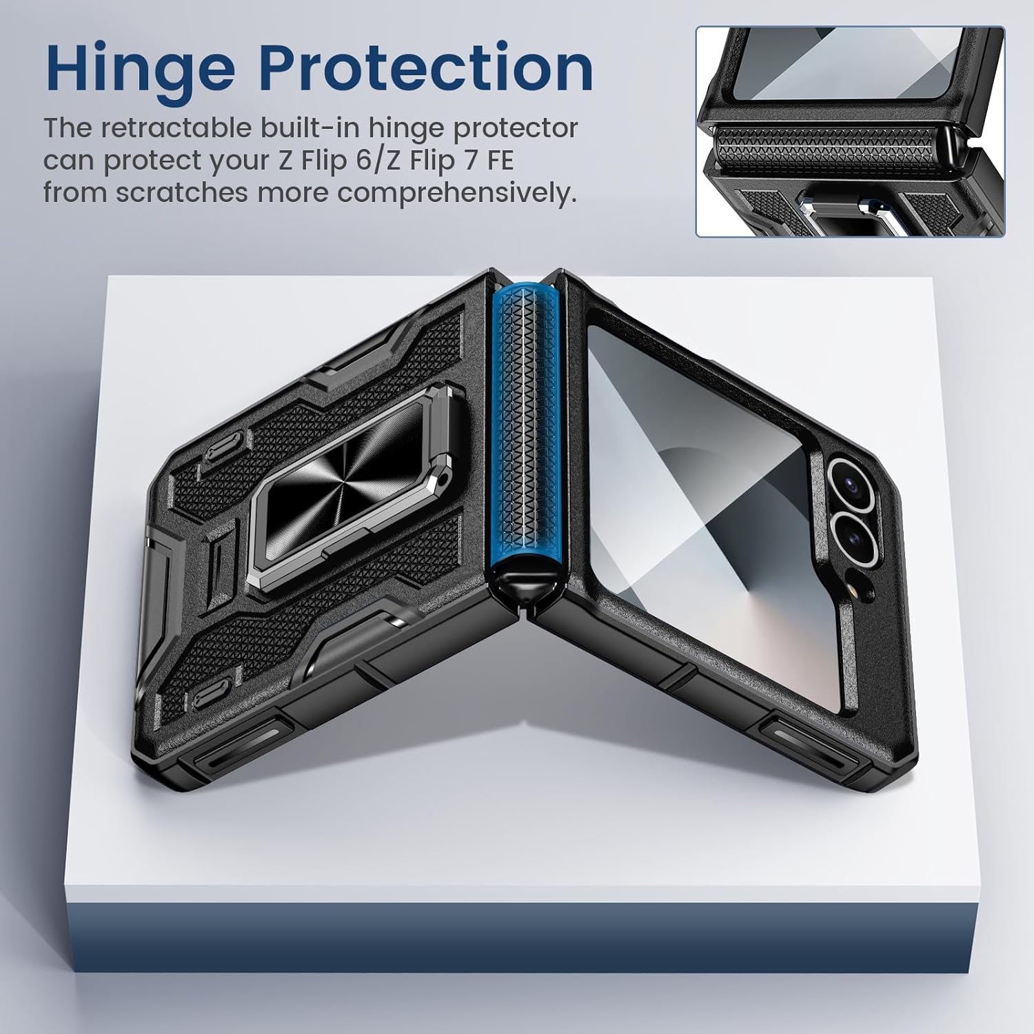 VEGO for Galaxy Z Flip 6 Case, 360° Rotatable Ring Kickstand & Belt Clip Holster & Tempered Glass Camera Screen Protector & Hinge Protection, Shockproof Case for Samsung Flip 6 5G - Black