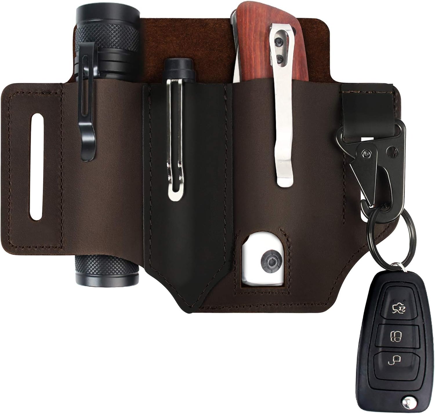 Upgraded Leather Belt Sheath with Key Holder + Pens Clip + Flashlight Holster Sheath, Multitool