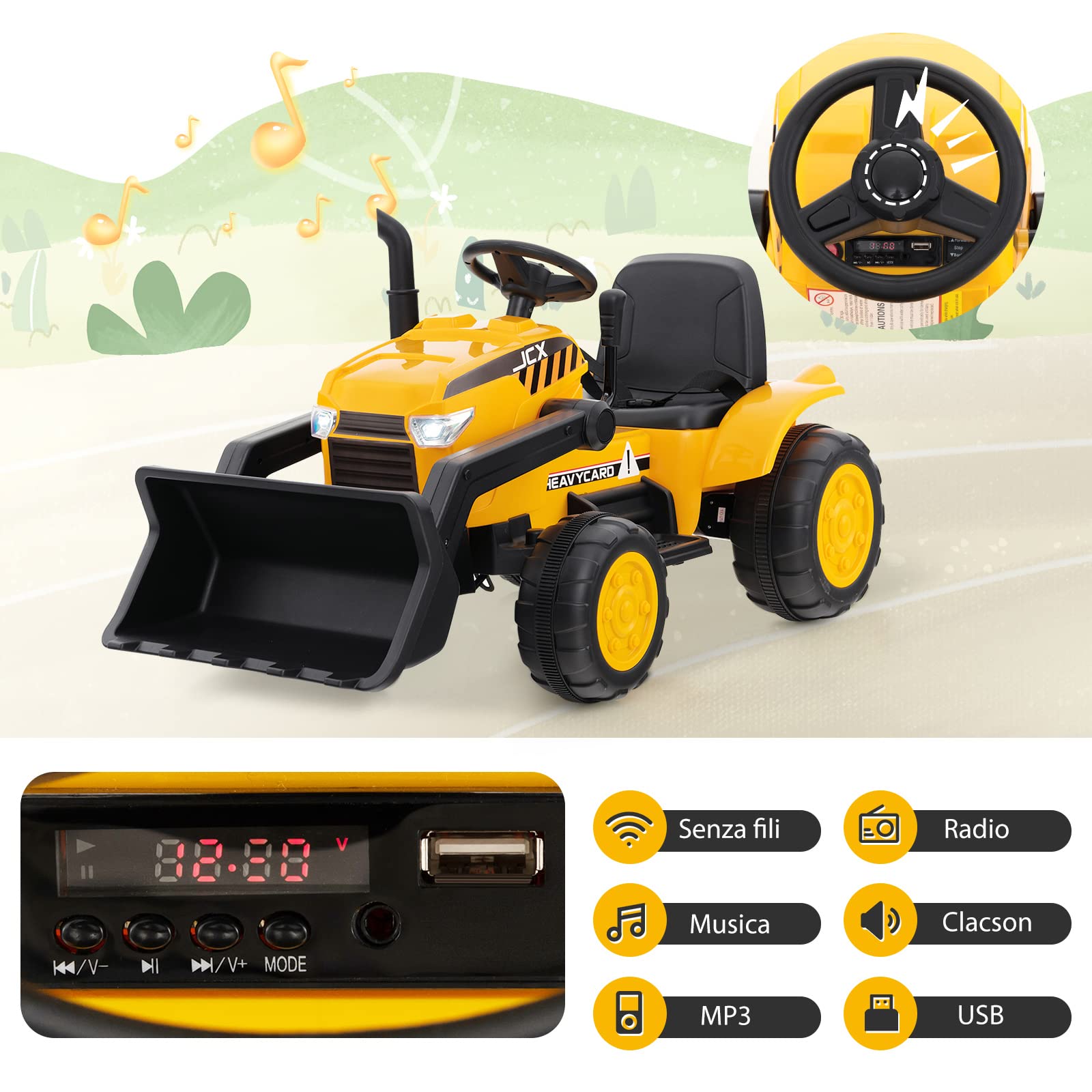 COSTWAY 12 V Escavatore per Bambini, con Telecomando, Benna di Scavo Regolabile Musica e Fari a LED, Ruspa Elettrica per Bambini di 3-8 Anni, Giallo