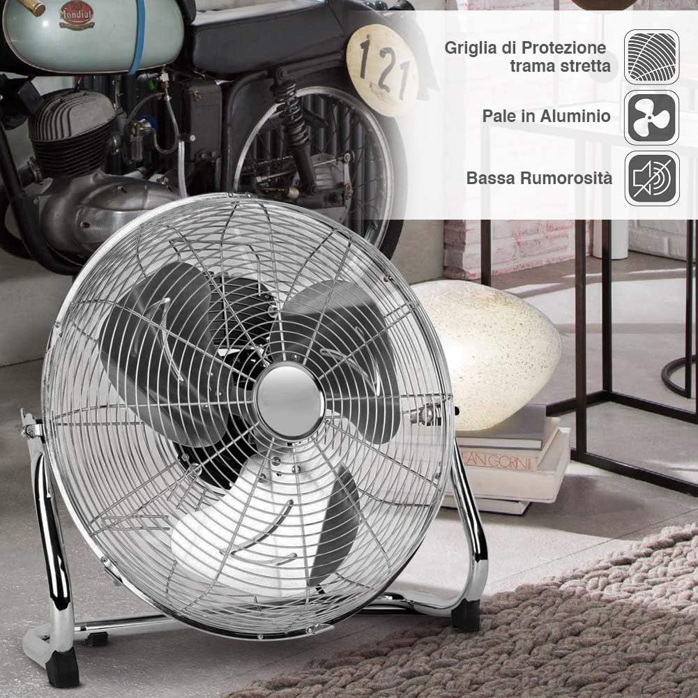 Bakaji Bodenventilator aus Stahl mit Blügel Durchmesser 50 cm neigbar Leistungsstarker Motor mit 3 Geschwindigkeitsstufen, drehbarer Kopf mit Neigungswinkel bis 100°, modernes industrielles Design