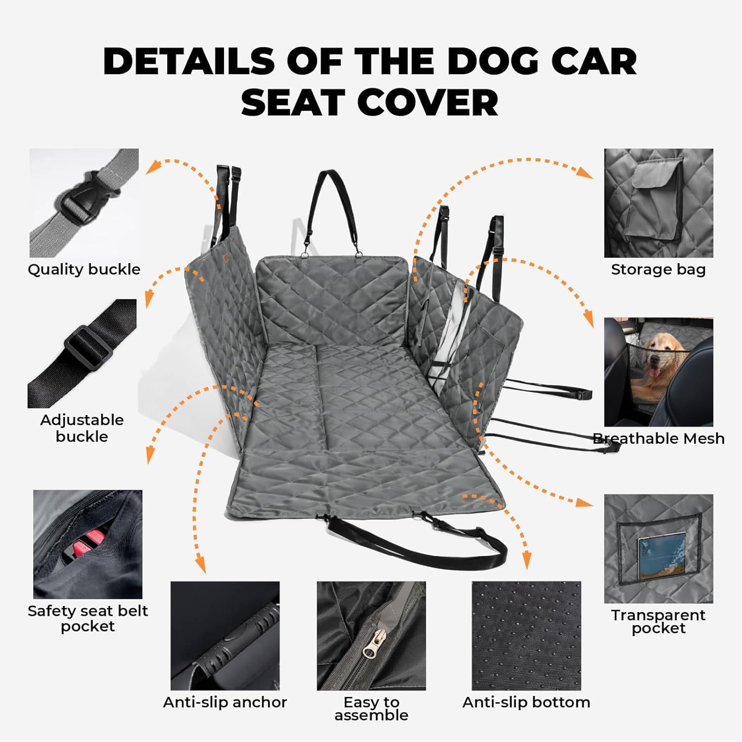 FUNNY FUZZY Dog Car Seat Cover, Back Seat Extender for Dogs - 420Lb Hard Bottom Waterproof Pet Car Seat Cover, 600D Heavy Duty Pet Hammock with Non-Slip Bottom for Cars, SUV, Trucks