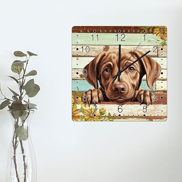 Labrador Retriever Wall Clocks Labrador Retriever Cute Funny Peeking Dog Puppy Wooden Decorative Wall Clock Pet Owner Gift Square Wooden Clocks Non-Ticking Silent Wall Clock 12x12in