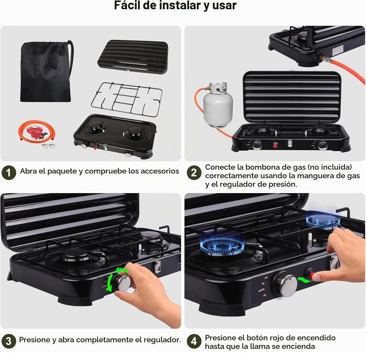 Cocina Gas Portátil 2 Fuegos 4,4 kW, Hornillo Camping Gas Butano con Encendido Piezoeléctrico, Manguera 150 cm y Regulador 37 mbar, Tapa Extraíble para Camping y Barbacoa, Negro