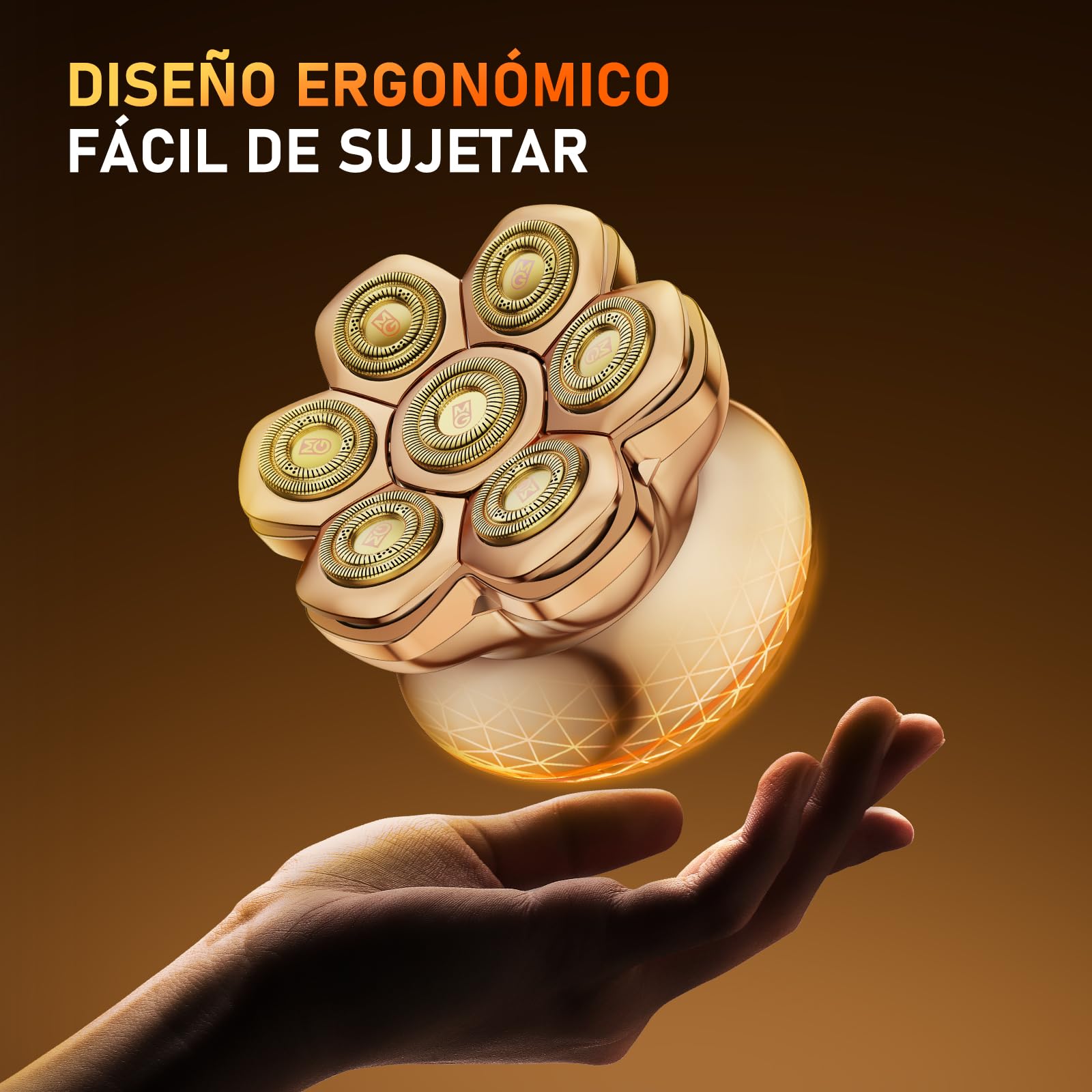MAXGROOM Afeitadora Cabeza Hombre PRO, Maquina Afeitar Hombre, Afeitadora para Calva en Seco y Húmedo, 140 Mins de Uso, 7 Cabezales, Magnético, 100% impermeable, Dorado