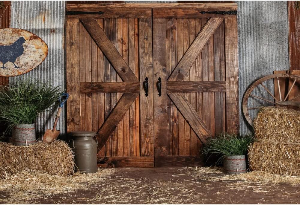 Renaiss 7x5ft Vintage Barn Backdrop for Photoshoot Kids Adults Portrait Haystack Potted Plants Wood Wheel Door Western Cowboy Photography Background Baby Shower Birthday Party Decor Photo Booth Props