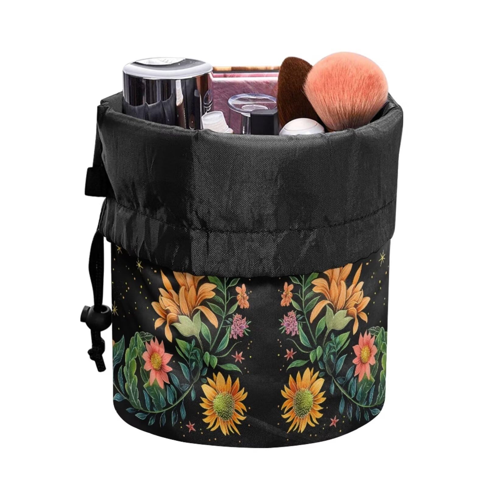chaqlin Moon Dragonfly Floral Travel Cosmetic Bags Barrel Makeup Bag,Women Girls Portable Foldable Cases Multifunctional Toiletry Bucket Bags Round Organizer Storage Pocket - Image 4