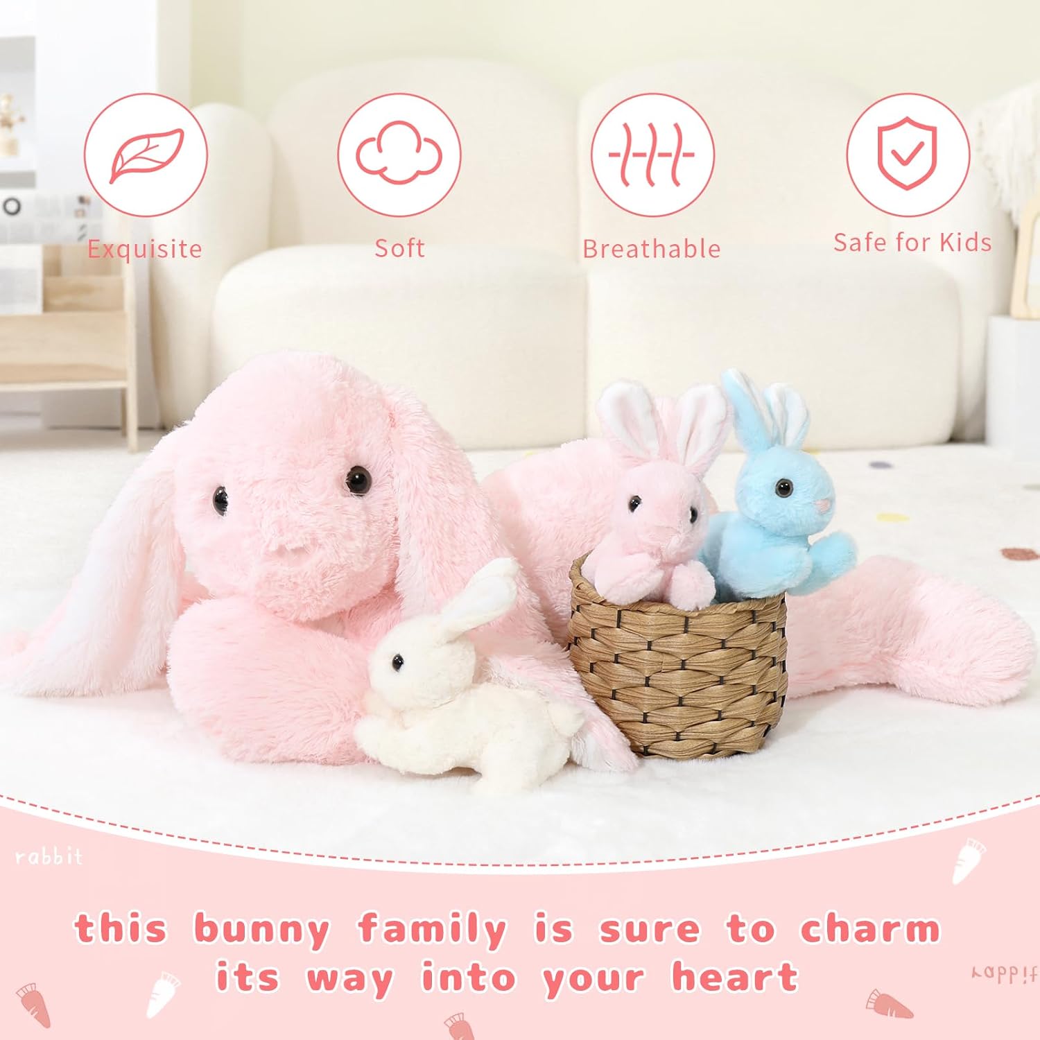 Big Pink Bunny Stuffed Animal 24" - Large Easter Stuffed Bunny Rabbit Plush Toy Gifts for Girls Baby - Plushy Mommy Bunny Surprise with 3 Babies Inside