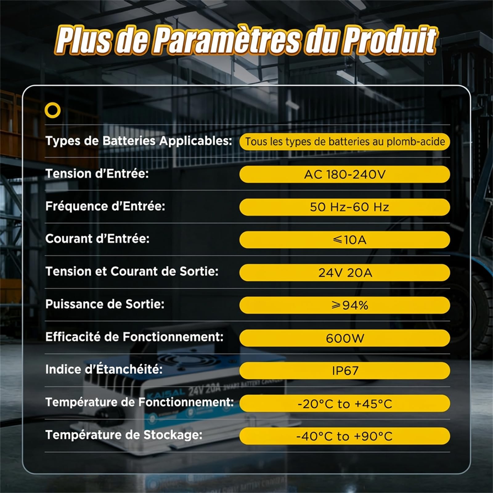 KAISAL 24V 20A Chargeur de Batterie pour Chariot élévateur, 24V Chargeur de Batterie avec Prise Anderson, Chargeur de Maintien Automatique pour Batteries au Plomb 24 V