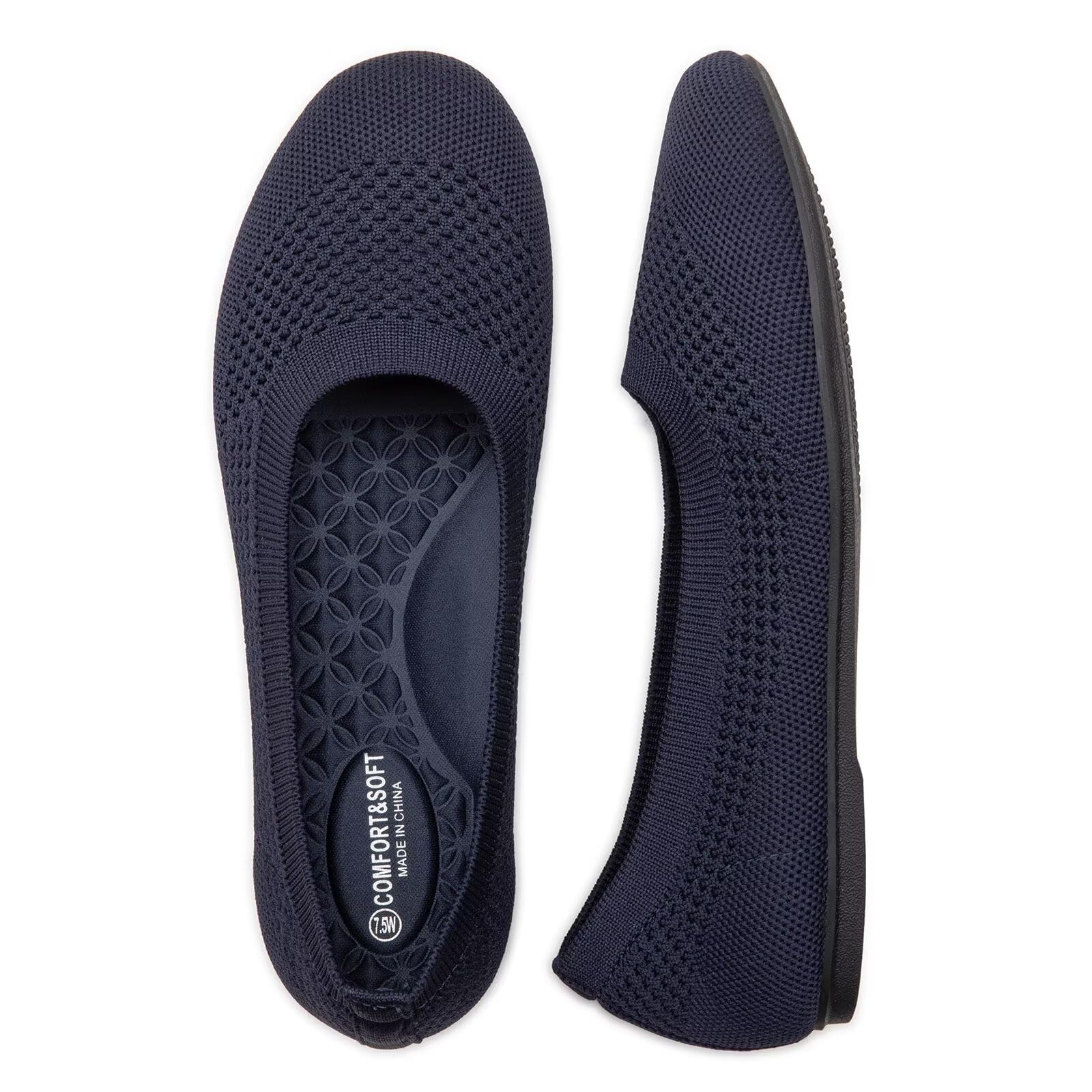 Frank Mully Damen-Ballerinas breite Slip-on-Strickschuhe runde Zehenpartie