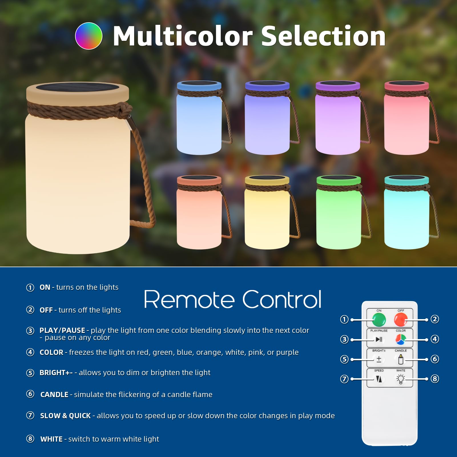 RWWR Lampe de Table Solaire LED 8 Couleurs - Lampe de Table Extérieur Sans Fil avec Télécommande - 2-en-1 Rechargeable IP44 pour Balcon Jardin Terrasse Camping​ (A)