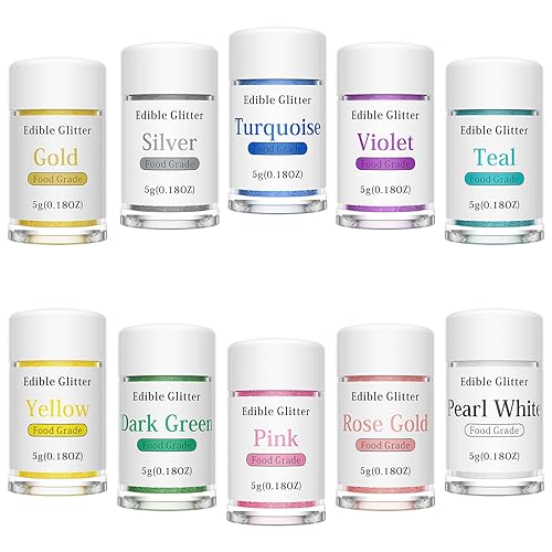 Juego de purpurina comestible de 10 colores para bebidas, vinos, cerveza, cóctel, fresas, pasteles, cupcakes, chocolate, 0.18 onzas / botella