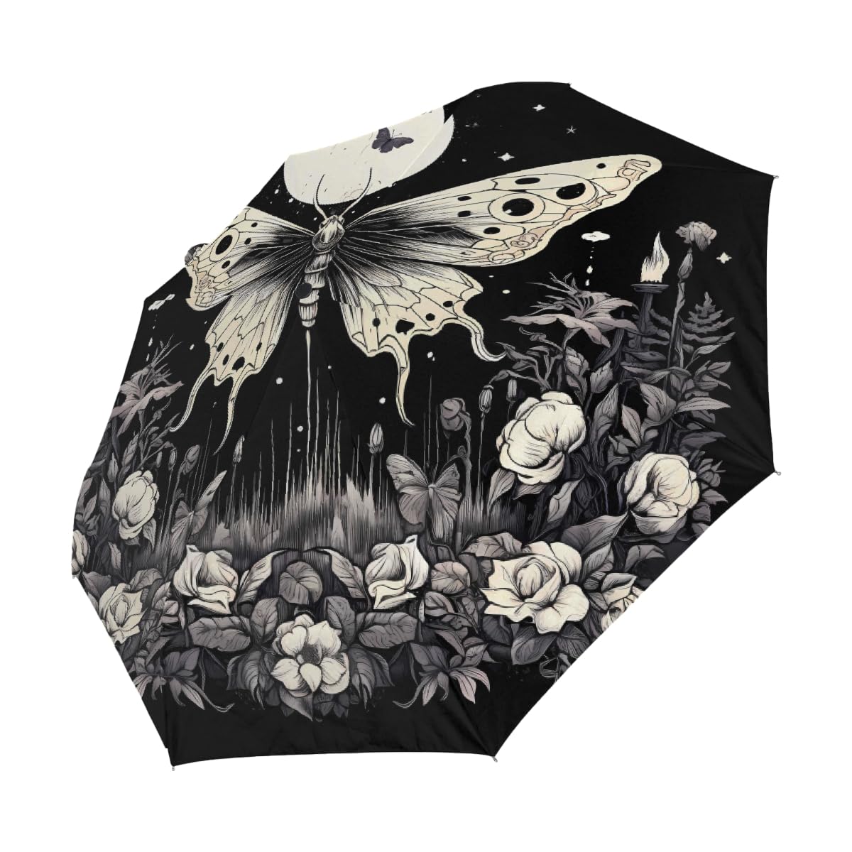 Ombrello pieghevole etnico farfalla luna fiore ombrello da viaggio compatto antivento impermeabile con protezione UV rivestimento nero leggero 8 coste portatile per pioggia sole