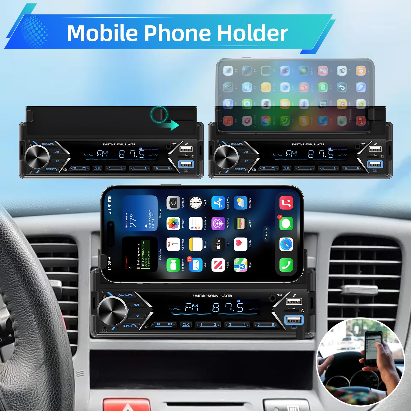 NHOPEEW Autoradio 1 Din con Bluetooth - Lettore MP3 Supporto per telefono - Doppia porta USB/TF Card/Radio FM/Ingresso AUX/Comando al volante/Pulsanti luminosi + microfono wireless