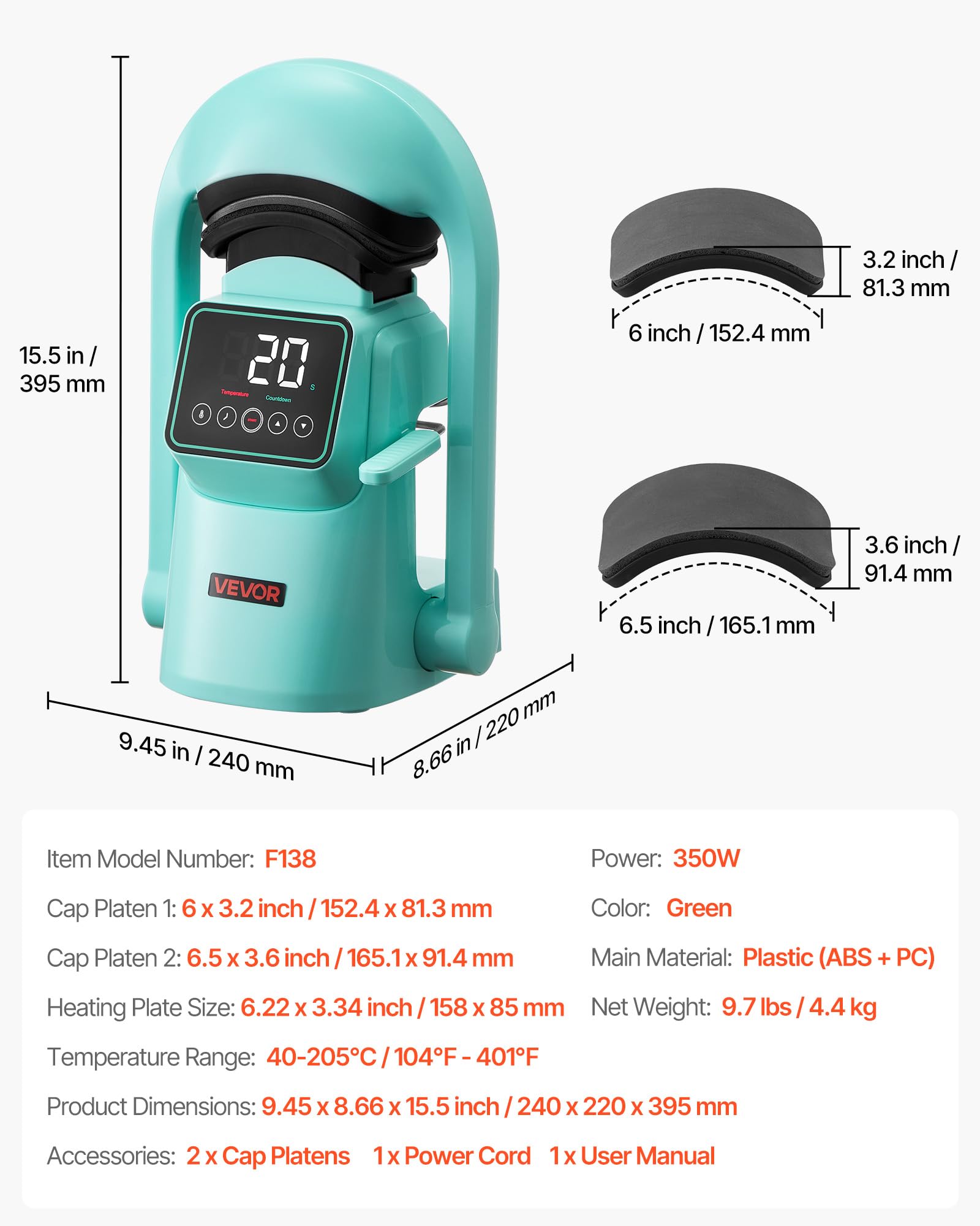 VEVOR Presse à Chaud Automatique pour Casquettes et Chapeaux, Machine de Sublimation avec 2 Plateaux Interchangeables, Écran Tactile pour Un Contrôle Précis du Temps et de la Température, Vert