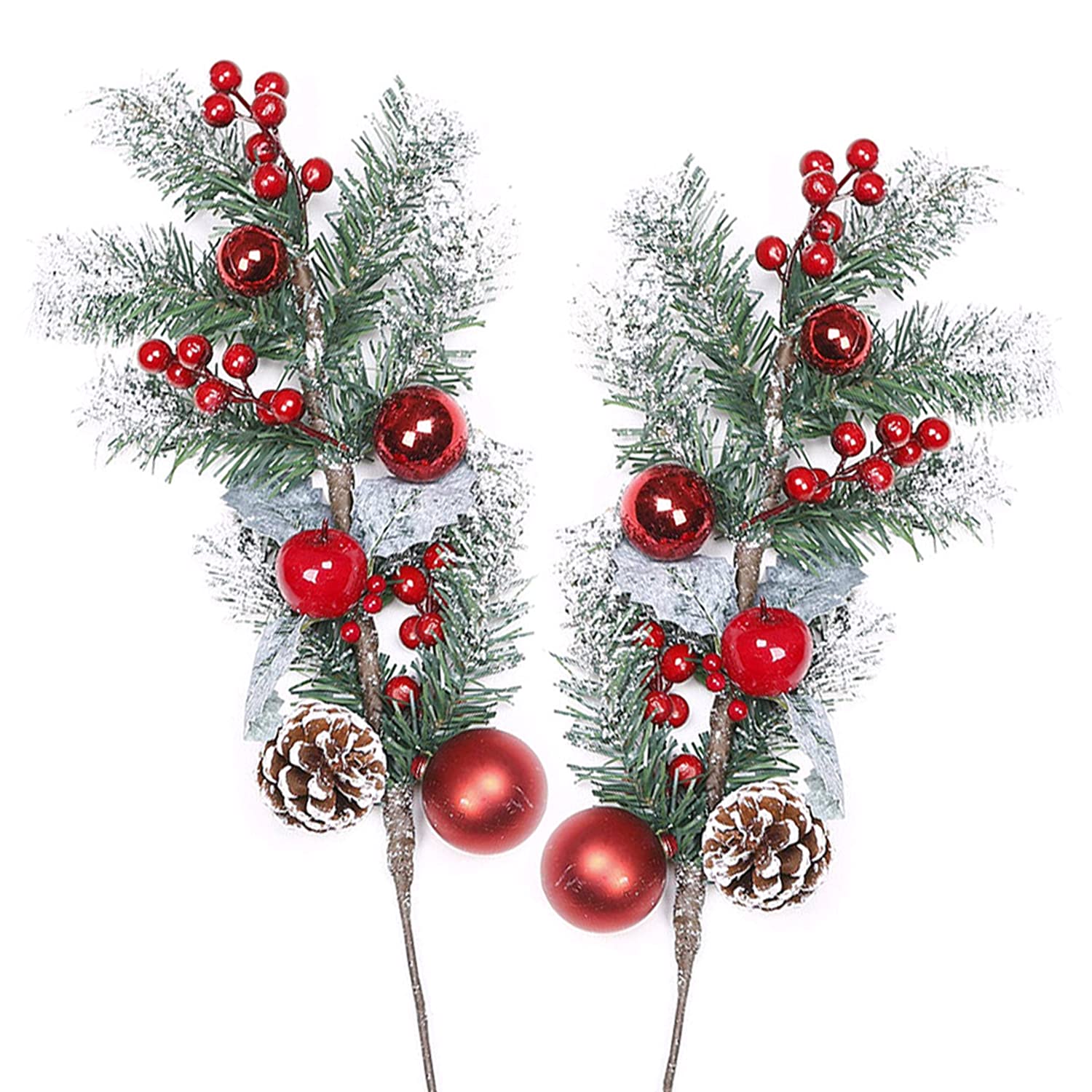 FACRUY 2Pcs 50CM Artificial Christmas Picks Christmas Decoration Pine Picks Christmas Red Berry Picks Pine Berry Branches Christmas Red Berry Branch Snow Flower Picks for Winter Holiday Party