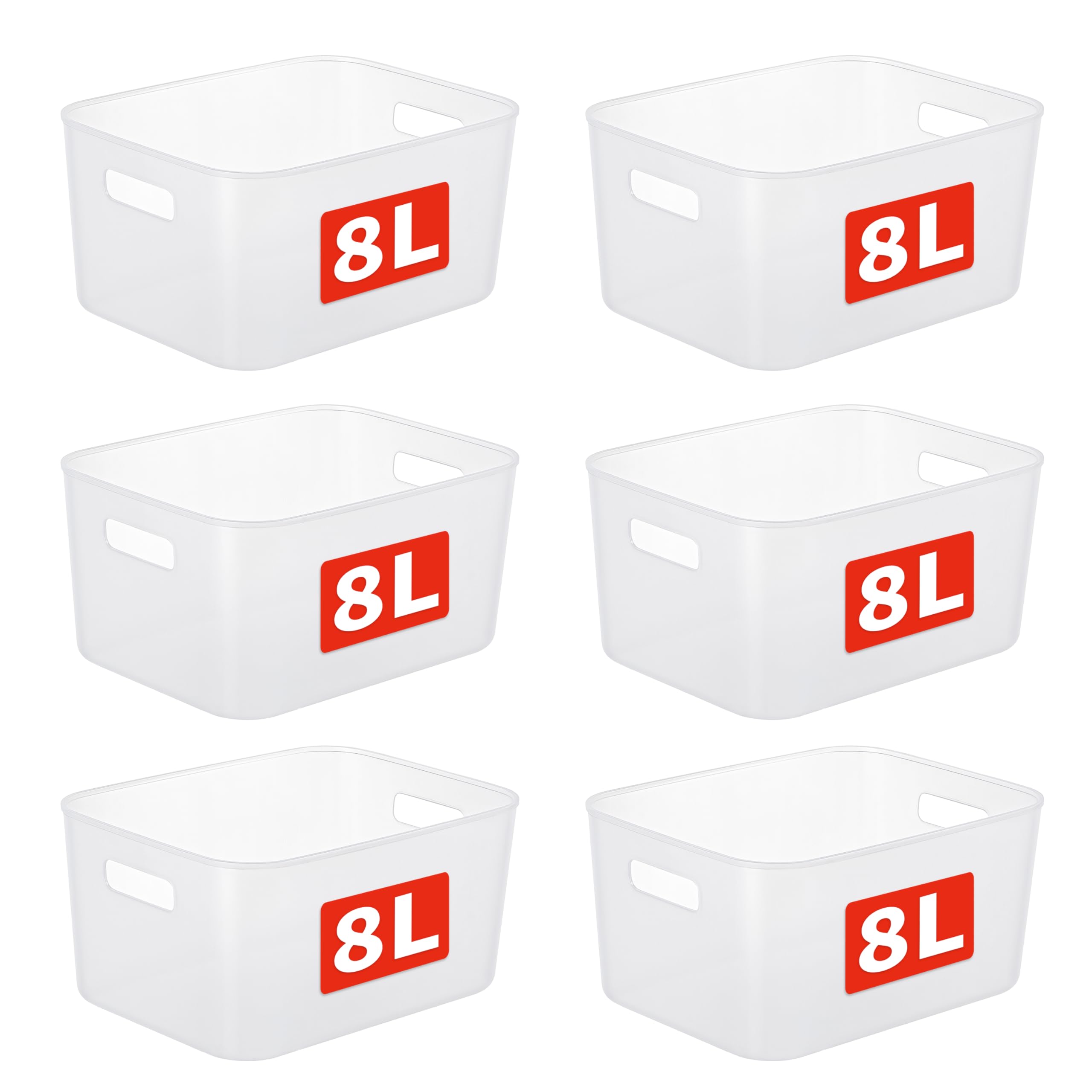 Cetomo 8L*6 Storage Basket, Plastic Open Storage Box, Containers for Shelves, Organizers with Handles for Office, Countertops, Cabinets, PP, BPA Free, Frosted Transparent, 8L-6 Pack (28.5*22*14cm)