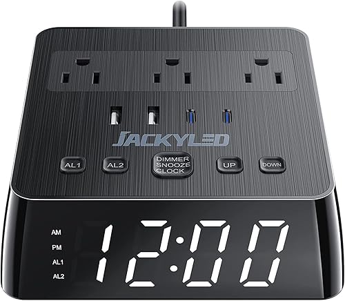 JACKYLED Reloj despertador con 4 cargadores USB, 3 tomas de corriente, 1700J, protector de sobretensiones, mesita de noche, reloj digital regulable