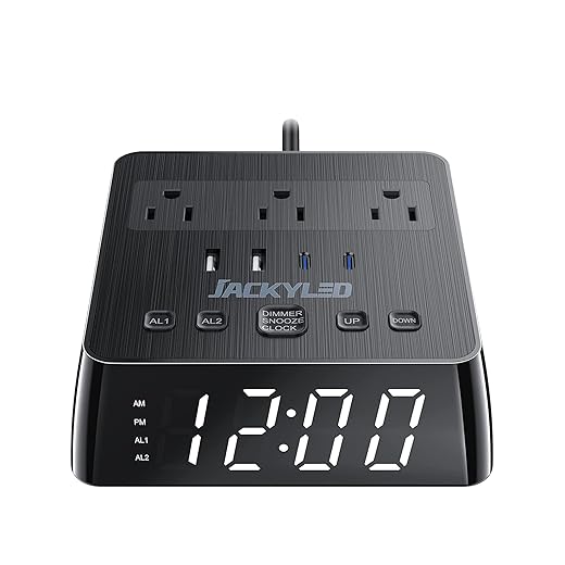 JACKYLED Alarm Clock with 4 USB Chargers Power Strip 3 Outlets 1700J Surge Protector Nightstand