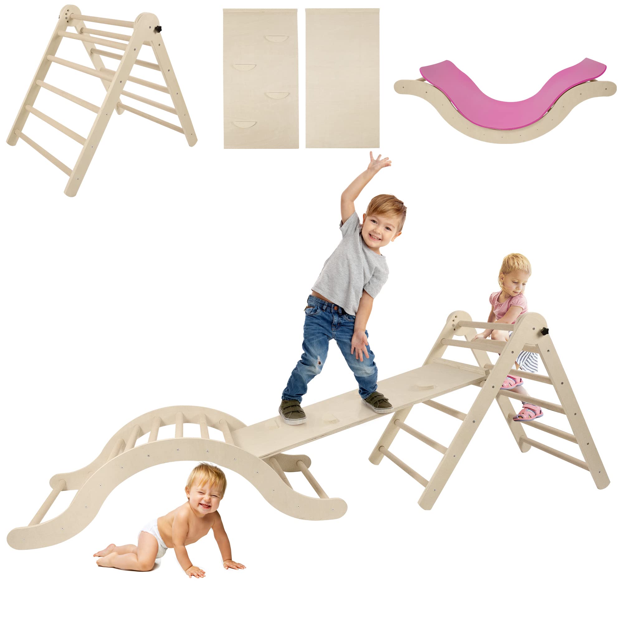 Photo 1 of BENKRYFREJA Beech Pikler Triangle Set 6-in-1 Foldable Climbing Triangle with Ramp for Sliding&Climbing,