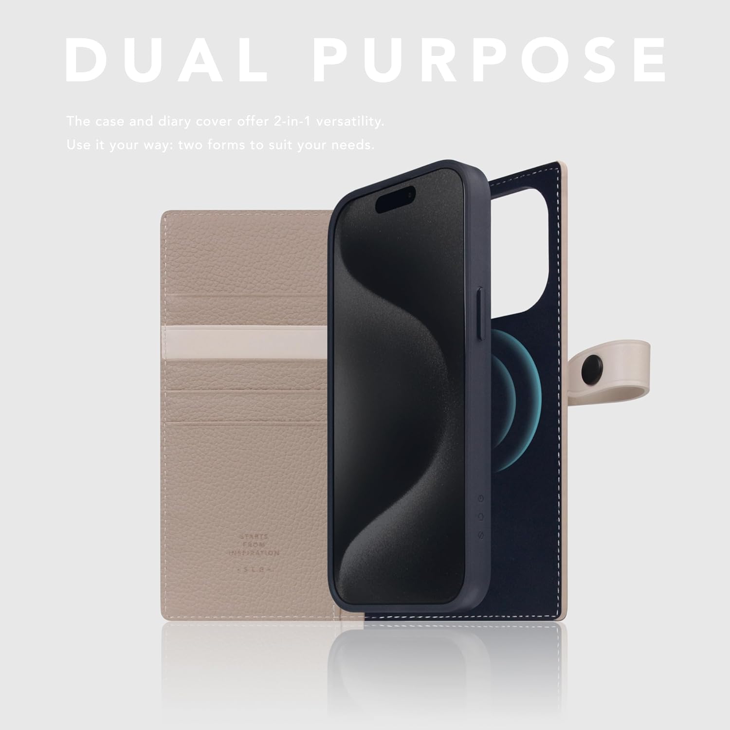 SLG D8 Edition Full Grain Leather Wallet Case for iPhone 15 Pro Max - [2-in-1] Handcrafted Detachable Diary Style with Magnetic MagSafe Back Cover and Snap Closure, Gift Box Included (Light Cream)