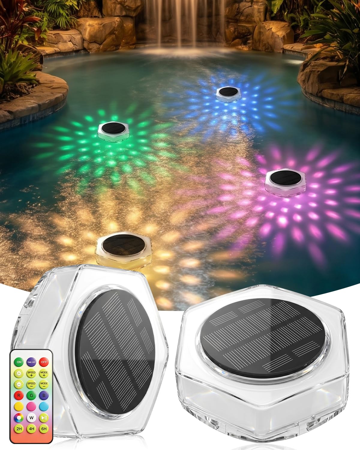 2 Stück Solar Poolbeleuchtung,RGB, Helligkeitsstufen,Timer, 3 Modi, Schwimmende Pool beleuchtung Lichter,Beleuchtung und Dekoration für Badewanne, Garten, Teich, Springbrunnen und Schwimmbad