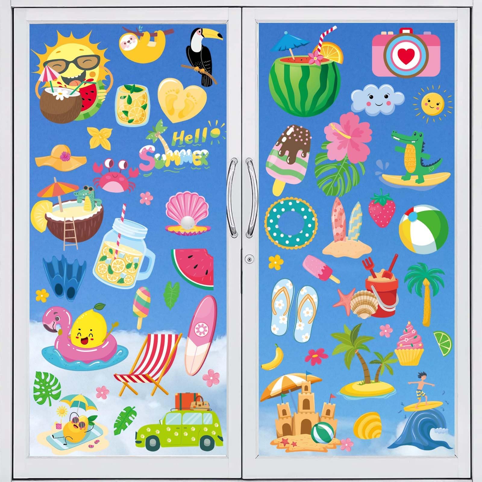 4 Feuilles Autocollants De Fenêtre D'Été, 63 Design Decoration Stickers Fenêtre Réutilisables, Deco Vitre Été Contient Soleil, Chaises De Plage, Bouées