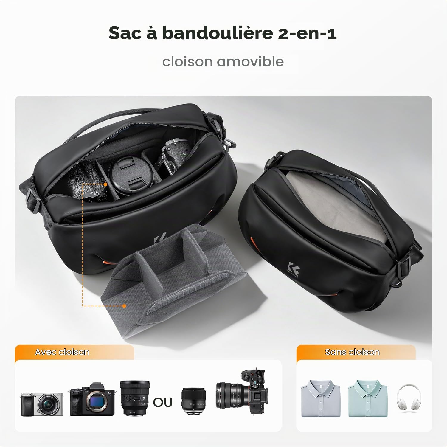 K&F CONCEPT Sac à Bandoulière pour Appareil Photo | Sac Photo avec Poche Avant Semi-Ouverte. Compatible avec Les Appareils Photo et Les Objectifs, Noir-BS19