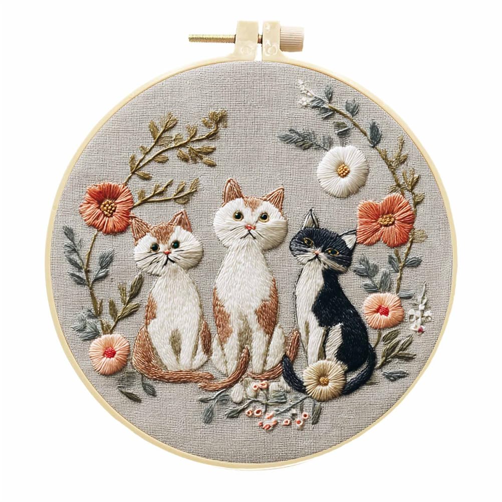 Meecaa Cat Embroidery Kit Starter Set, Flower Animal Hand Embroidery Set, Pattern Printed Cross Stitch Set For Beginner Adults, With Embroidery Hoop And Instructions (Cat)