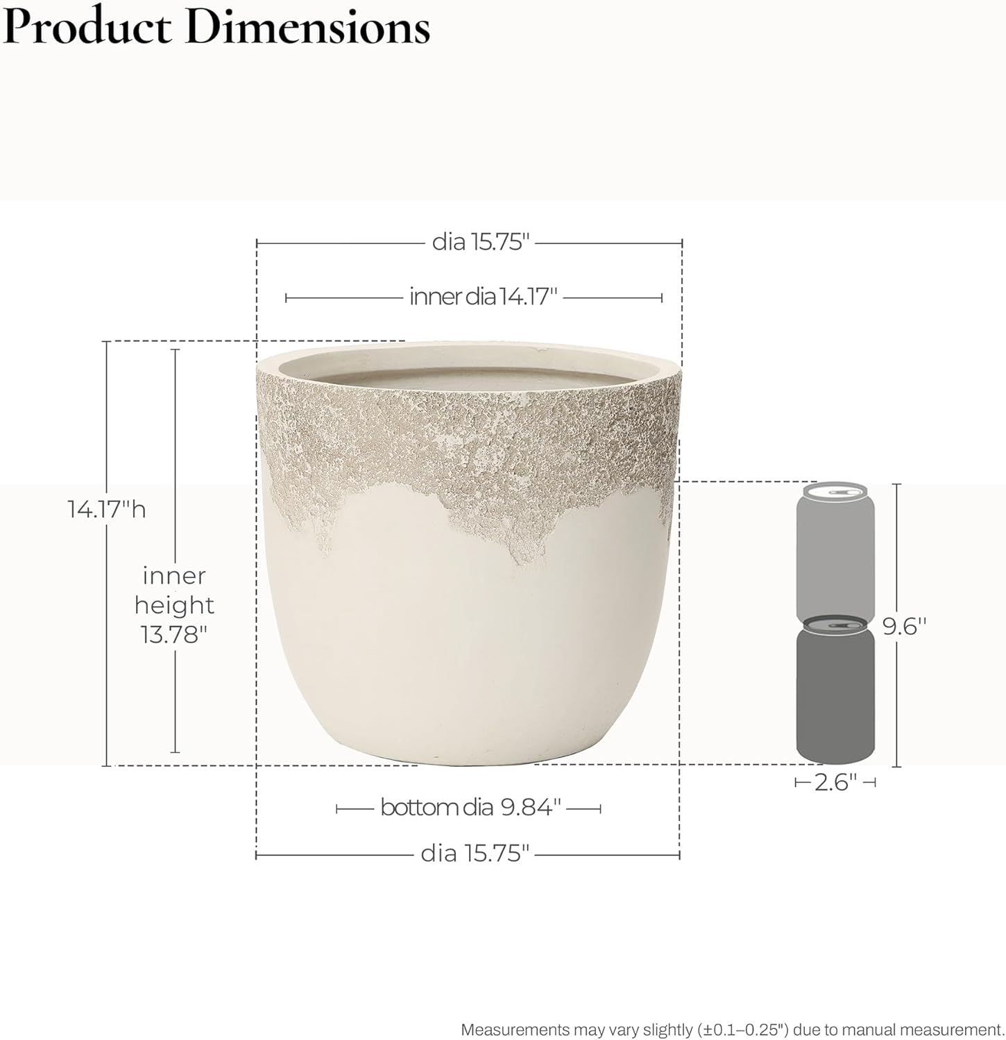 LuxenHome 15.5" Dia Beige Large Round Planter, Outdoor Indoor Decorative Plant Pot with Drainage Hole and Rubber Plug, Antique Travertine Style Off-White Flower Pot for Home Patio Garden