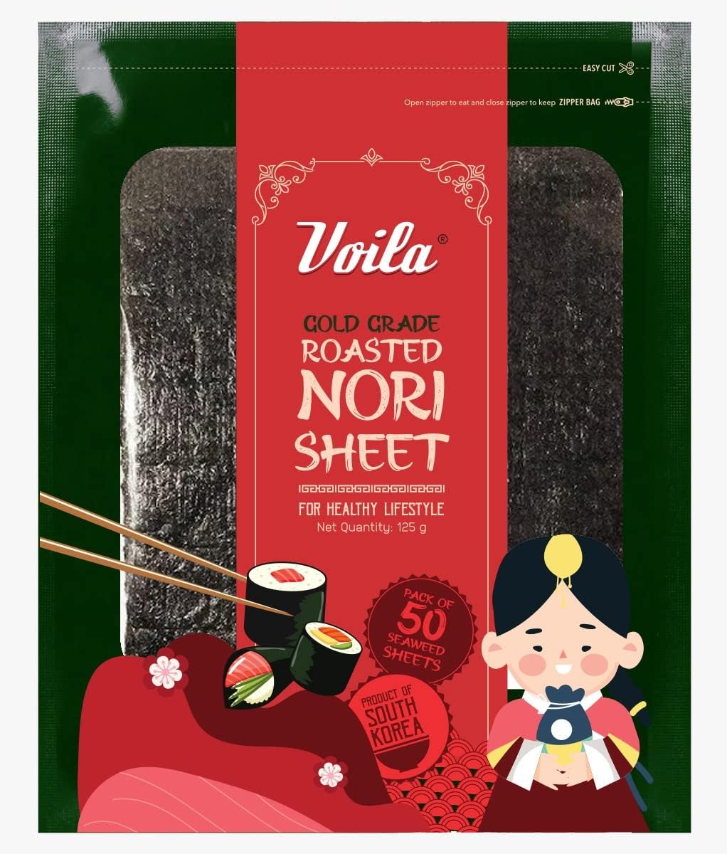 Voila Sushi Nori Sheet Roasted, Resealable 125gm | Gold Grade 50 Full Sheets (Dae Chun Gim Choi's 1) | Korean Roasted Seaweed Laver Sheets | Ideal For Korean, Japanese, Chinese & Asian Cuisine