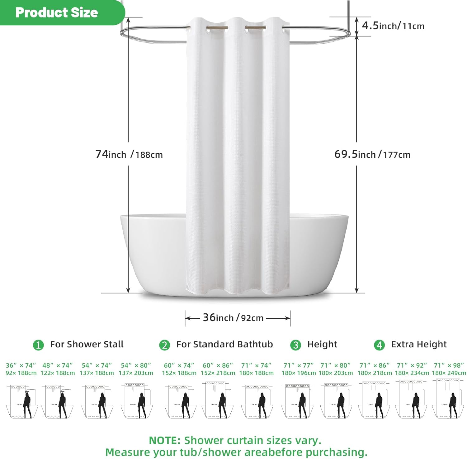 eachope No Hooks/Liner Needed - Waterproof 3-in-1 Hotel Waffle Weave Shower Curtain, Machine Washable, Magnetically Weighted Hem, 36"x74" White for Bathroom
