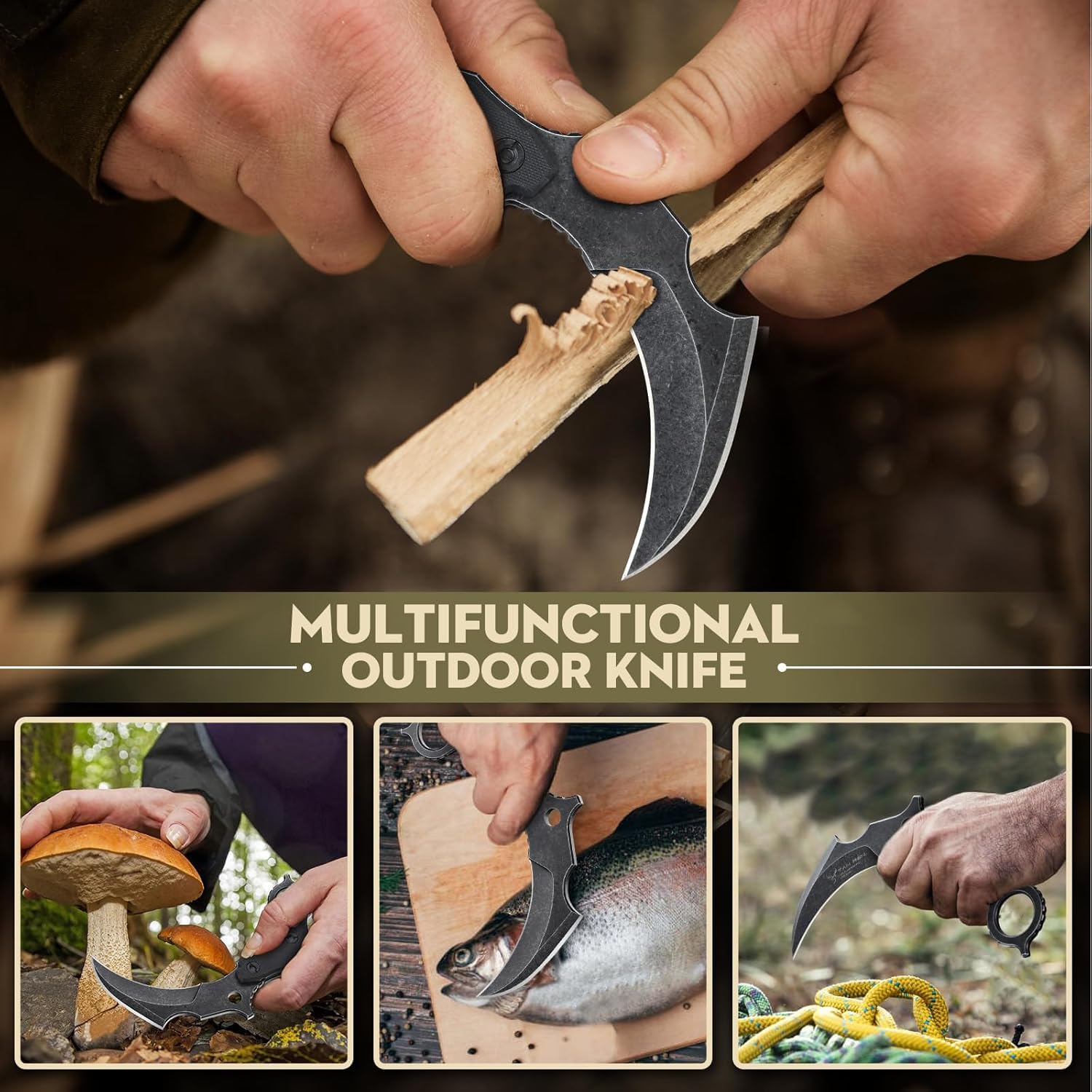 TAN REN Jagdmesser Feststehende Klinge, Outdoor Messer mit Kydex Scheide, Survival Messer D2 Stahl Pilzmesser für Picnic & BBQ Ideal Geschenk für Männer