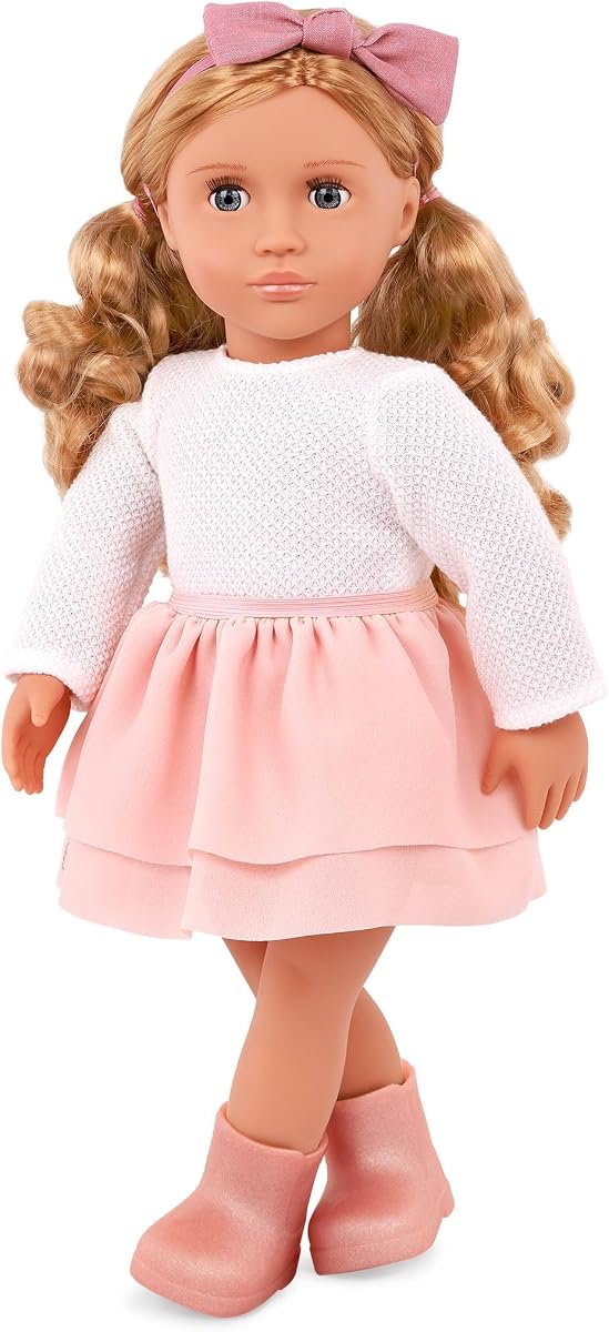 Nuestra muñeca Effie de 18 pulgadas de generación, cuerpo suave, ojos cerrados y cabello peinable, conjunto de ropa con falda volante y accesorios