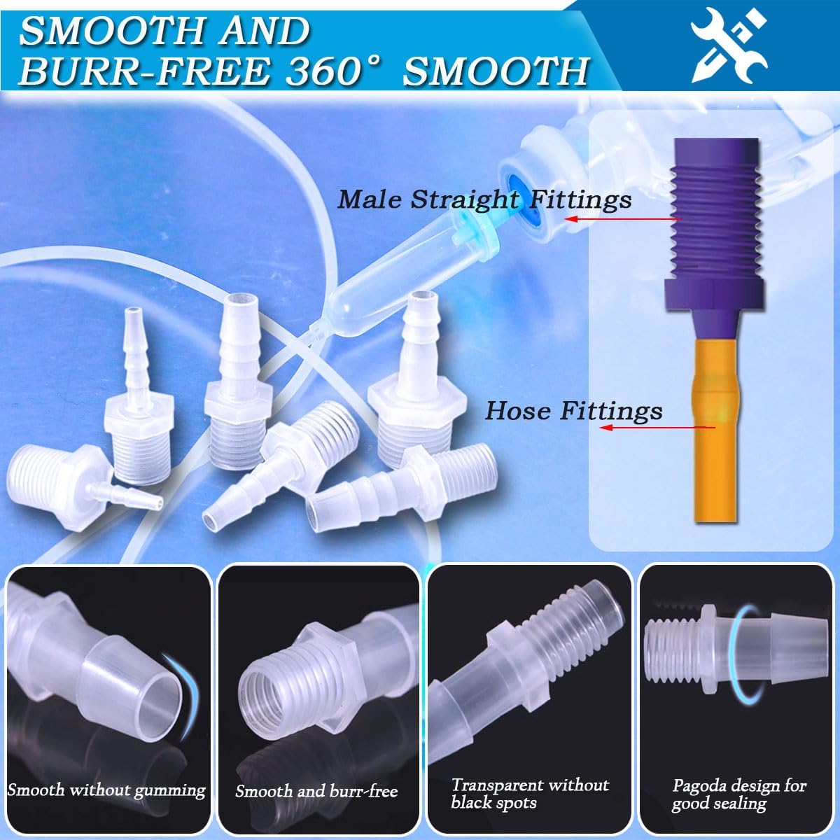62 Pcs 10-Size Hose Barb Fittings Assortment, Barb + NPT Male Thread Adapter Hose Fittings, Plastic Joint Splicer and Mender Union Adapters for Fuel, Gas, Liquid, Air Tubing.
