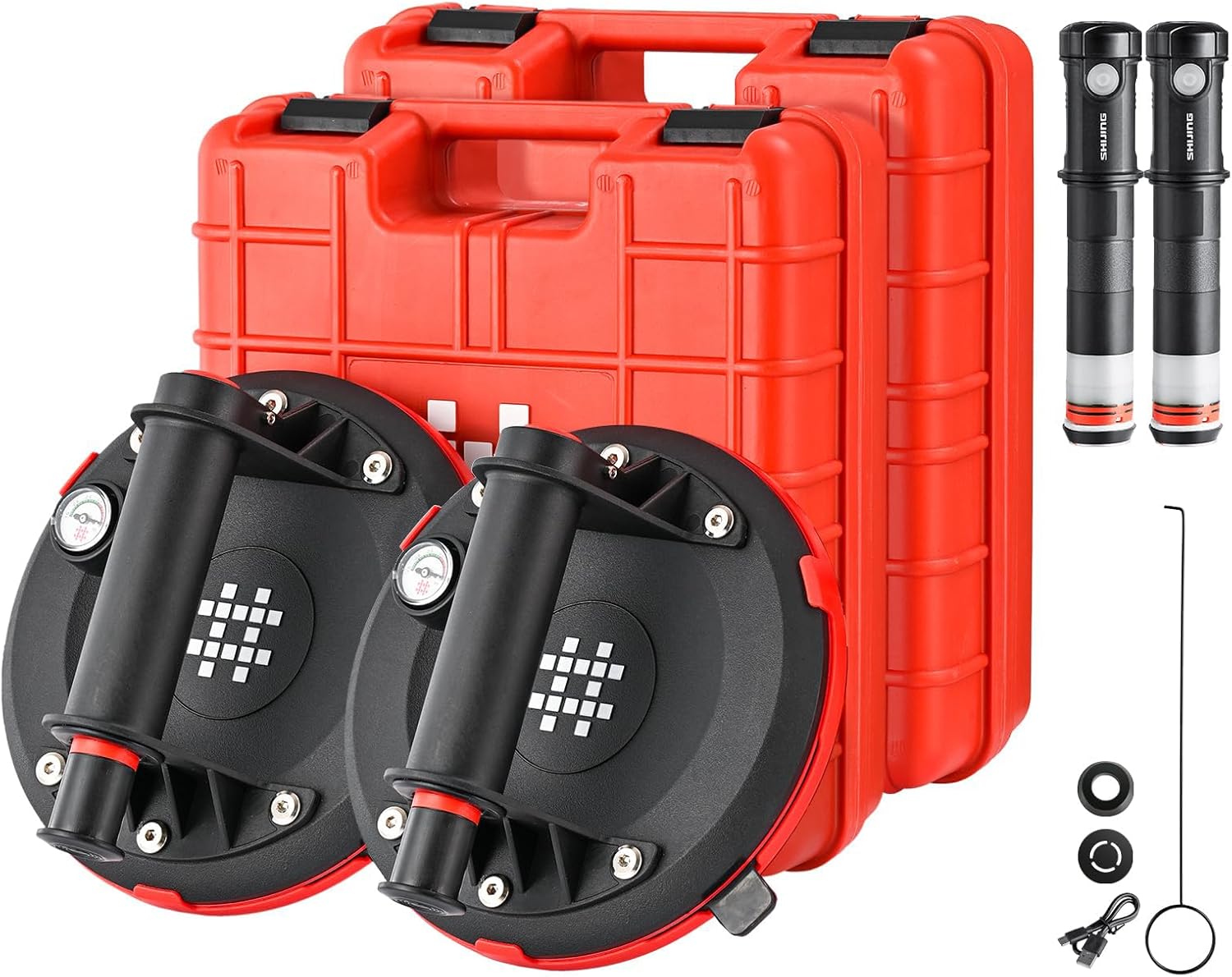 Two SHIJING dual-use electric suction cups, two electric pumps, and two red carrying cases.